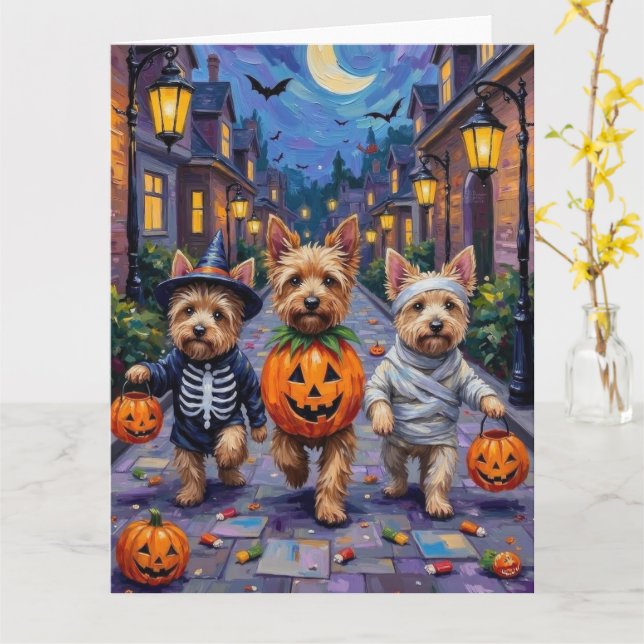 Cairn Terrier Trick-or-Treating Halloween Costumes Card (Yellow Flower)