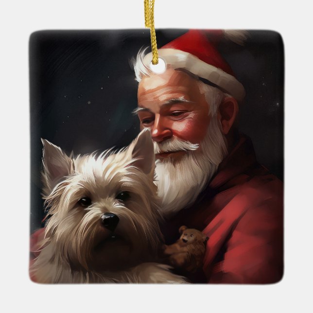 Cairn Terrier With Santa Claus Festive Christmas Ceramic Ornament (Front)