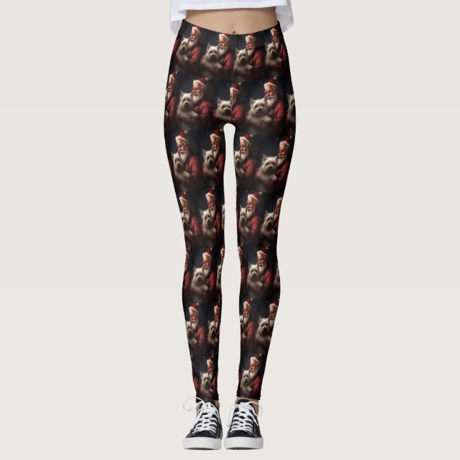 Cairn Terrier With Santa Claus Festive Christmas Leggings (Front)