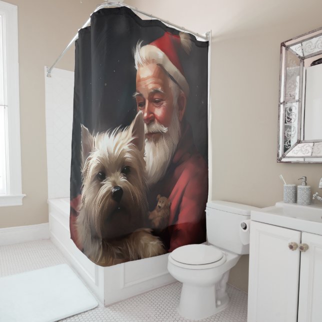 Cairn Terrier With Santa Claus Festive Christmas Shower Curtain (In Situ)