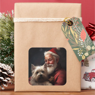 Cairn Terrier With Santa Claus Festive Christmas Square Sticker