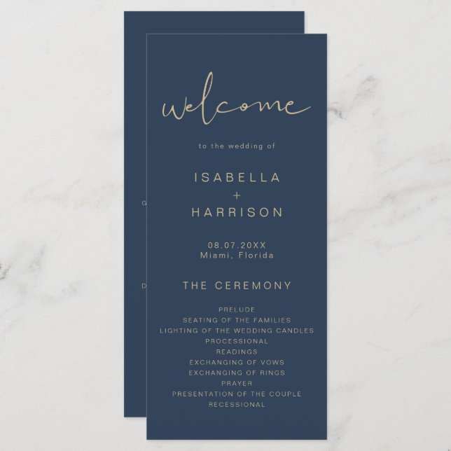 CAITLIN Edgy Navy and Gold Simple Wedding Program Menu (Front/Back)