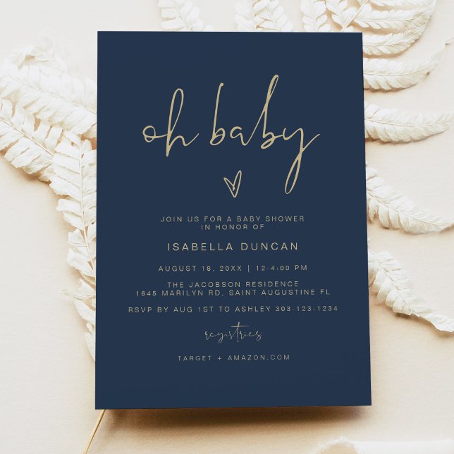 CAITLIN Modern Navy Blue and Gold Oh Baby Shower  Invitation (Creator Uploaded)