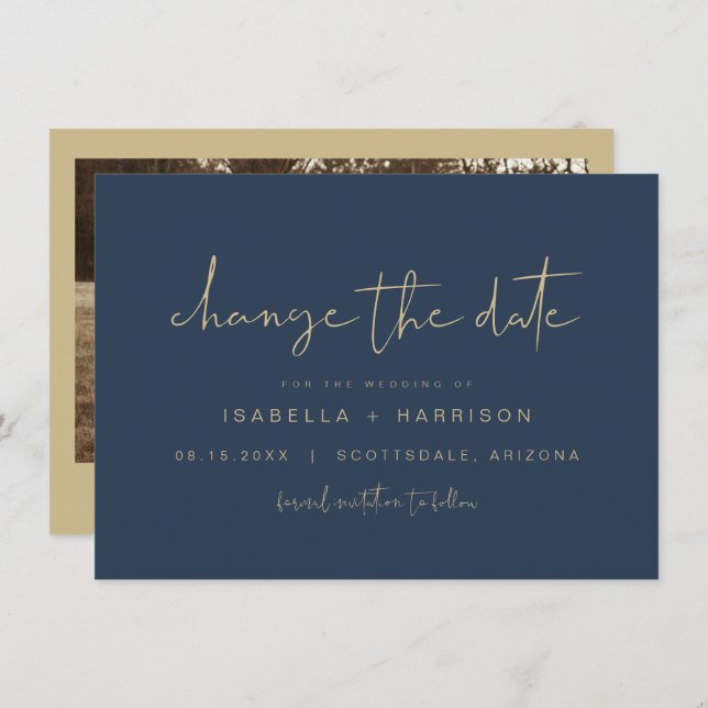 CAITLIN Navy and Gold Change the Date Invitation (Front/Back)
