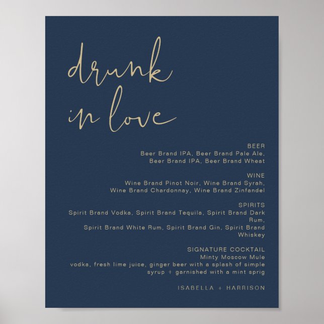 CAITLIN Navy and Gold Drunk in Love Bar Menu Sign (Front)