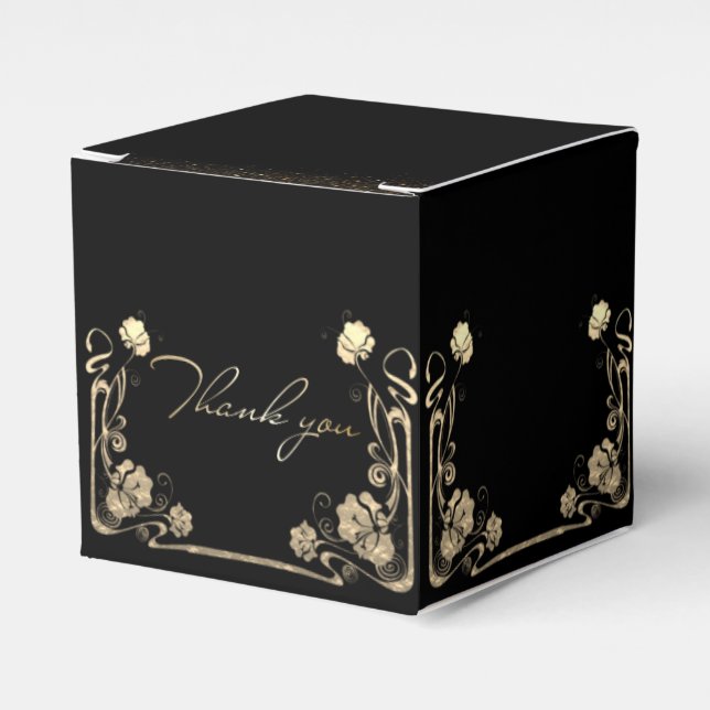 Caja de regalo negra con flores doradas favour box (Front Side)