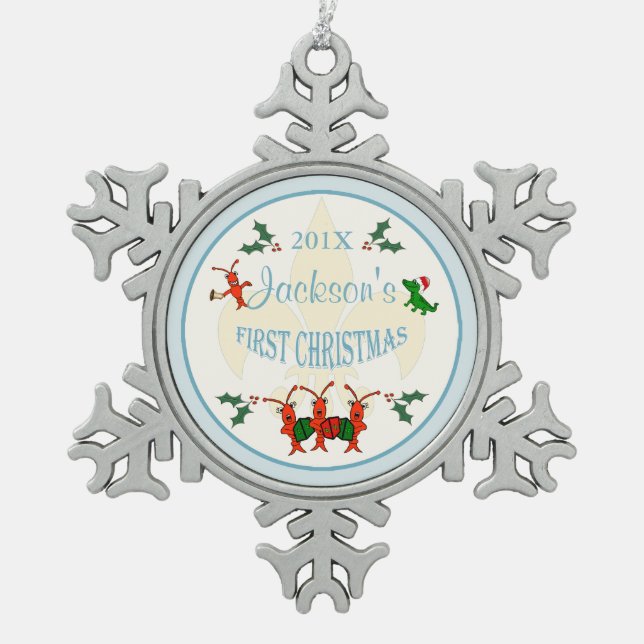 Cajun Baby Boy First Christmas Keepsake Snowflake Pewter Christmas Ornament (Front)
