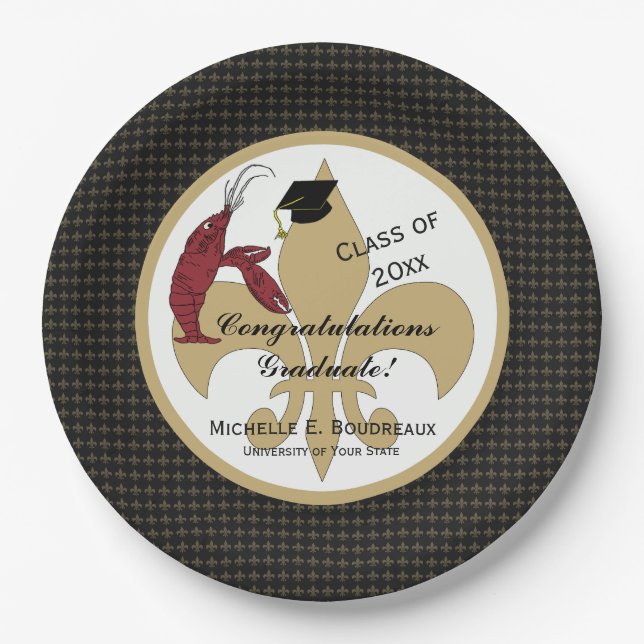 Cajun Crawfish Graduation in Black and Gold Paper Plate (Front)
