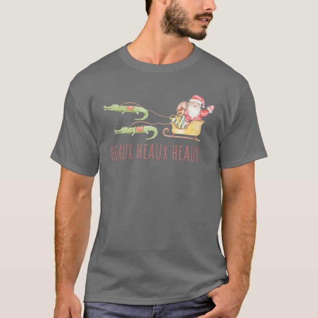 Cajun Santa Alligator Heaux Heaux Heaux Christmas T-Shirt (Front)