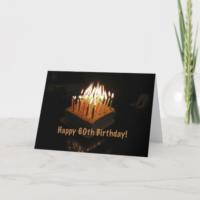 cake 60 birthday candles lit fire card (Front)