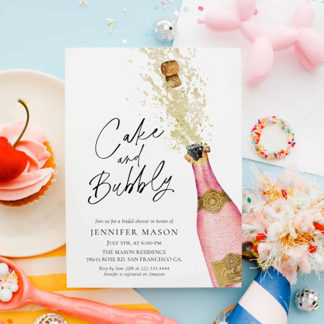 Cake and Bubbly Champagne Bridal Shower Invitation (Pink Bubbly Bridal Shower Invitation)
