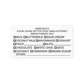 Cake bakery baking ingredients list check box label