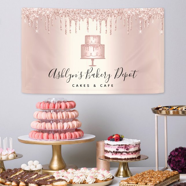 Cake Bakery Chef Rose Gold Glitter Drips Script Banner (Creator Uploaded)