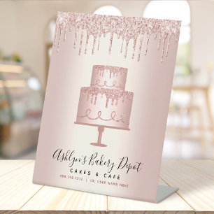 Cake Bakery Chef Rose Gold Glitter Drips Script  Pedestal Sign