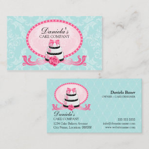 Cake Bakery Damask Aqua Pink Business Card