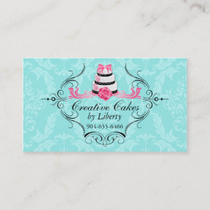 Cake Bakery Damask Aqua Pink Business Cards