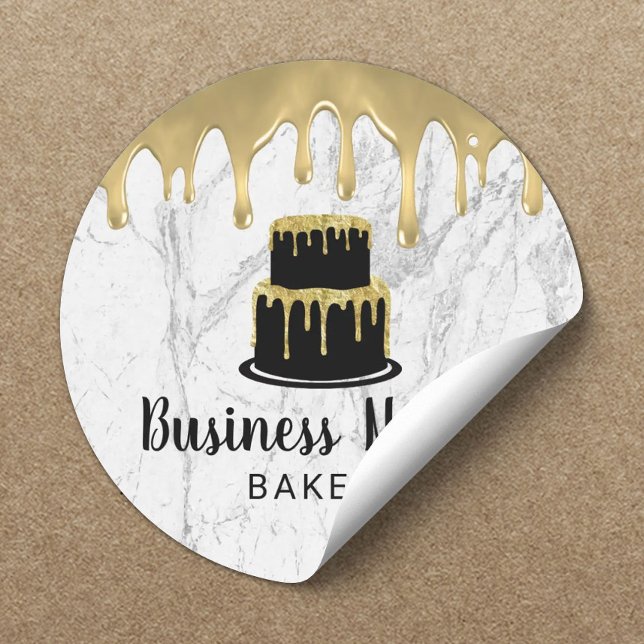 Cake Bakery Gold Drip Icing Modern White Marble Classic Round Sticker (Creator Uploaded)