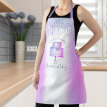Cake Bakery Pastry Chef Purple Glitter Drip Script Apron<br><div class="desc">Here’s a wonderful way to add to the fun of baking. Add extra sparkle to your culinary adventures whenever you wear this elegant, sophisticated, simple, and modern apron. A sparkly, purple, blue, pink 2 layer cake, calligraphy script handwritten typography and glitter drips overlay a faux metallic purple ombre background. Personalise...</div>
