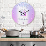 Cake Bakery Pastry Chef Purple Glitter Drips Chic<br><div class="desc">Make a stylish impression with this elegant, sophisticated, simple, and modern custom name wall clock. A sparkly, purple, pink, blue 2 layer cake, script handwritten typography and glitter drips overlay a faux metallic purple blue ombre background. Personalise with your full name, business, or other info. Your choice of a round...</div>