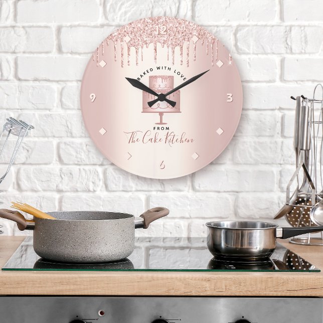Cake Bakery Pastry Chef Rose Gold Glitter Drips Large Clock (Creator Uploaded)