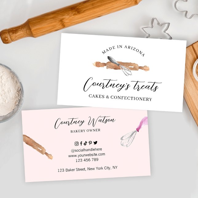 Cake Bakery Pastry Chef Watercolor Whisk Pink Business Card (Watercolor bakery art rolling pin and whisk pastry chef business cards)