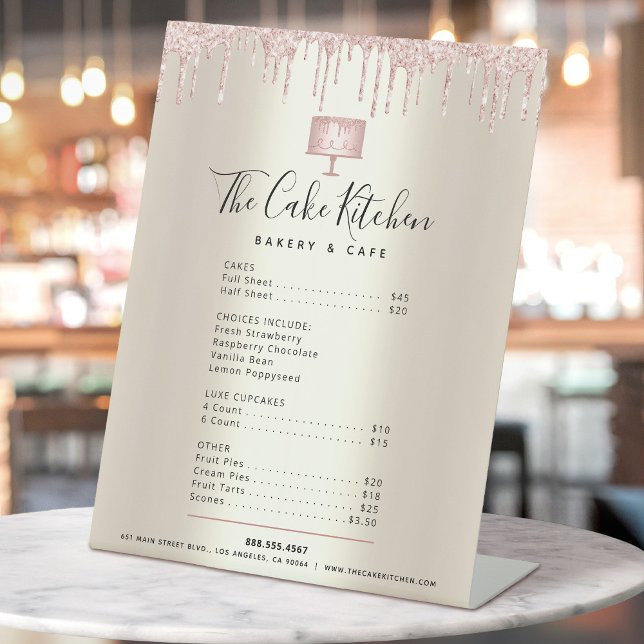 Cake Bakery Pink Glitter Drip Gold Menu Price List Pedestal Sign (Creator Uploaded)