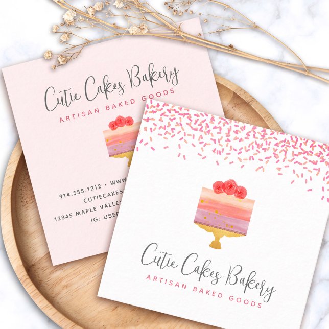 Cake Bakery Pink Ombre Sprinkles Pastry Dessert Square Business Card (Creator Uploaded)
