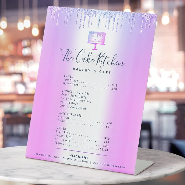 Cake Bakery Purple Glitter Drips Menu Price List Pedestal Sign (Creator Uploaded)