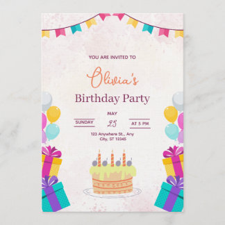 Cake & Balloons Birthday Invitation, Kids Birthday Invitation