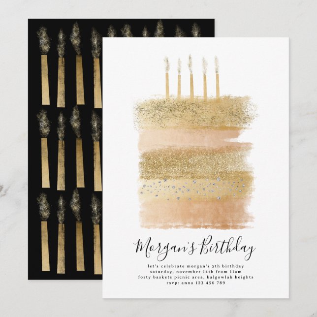 Cake Birthday Invite Girls, 5th Birthday Gold (Front/Back)