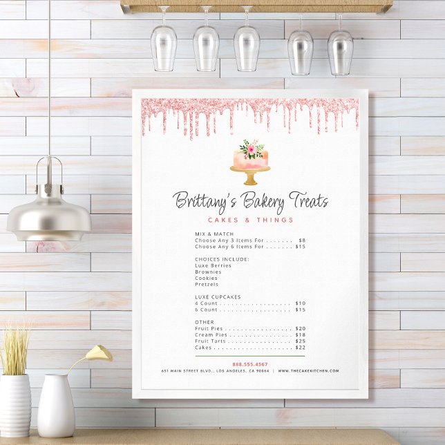 Cake Blush Pink Glitter Drips Menu Price List Chic Poster (Creator Uploaded)