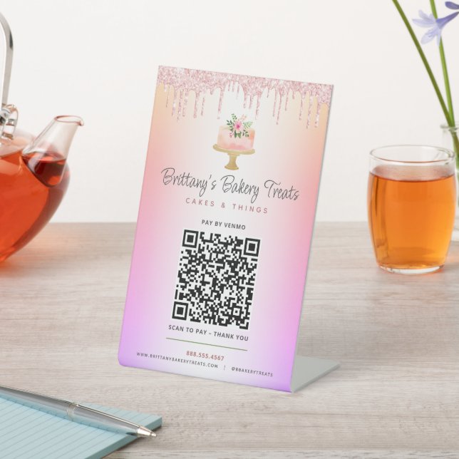 Cake Blush Pink QR Code Pay Here Glitter Ombre Pedestal Sign (In SItu)