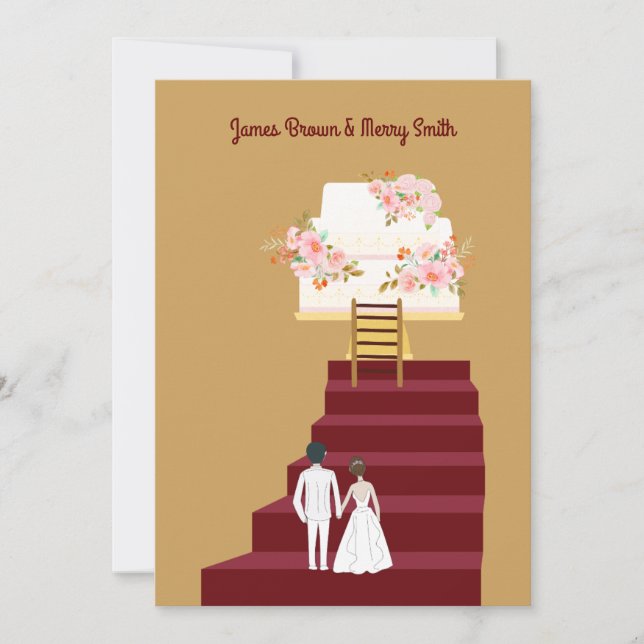 Cake Bride and Groom Red Stairs Wedding Invitation (Front)