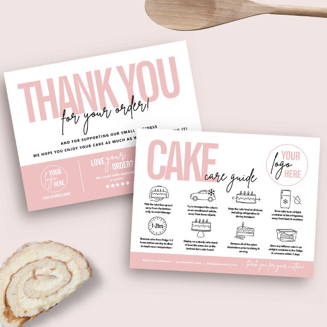 Cake Care Guide, V2 Cake Care Instructions Postcard (Feminine pink cake care card and business thank you card)