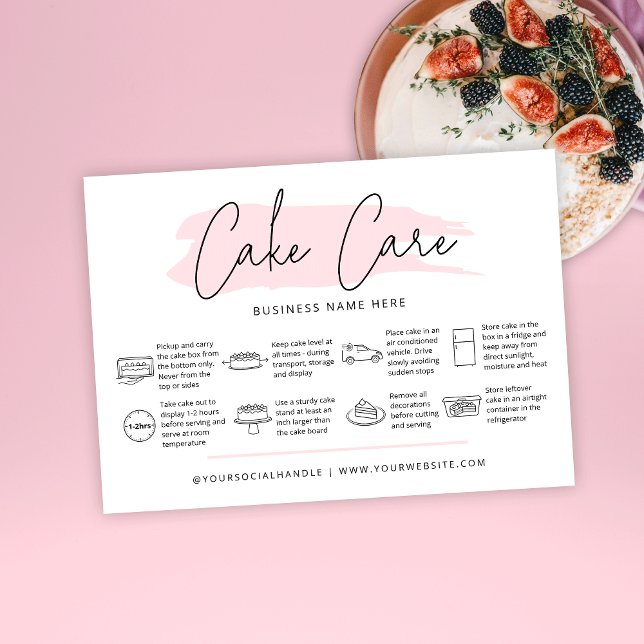 Cake Care Instructions Guide Girly Pink Watercolor Business Card (Creator Uploaded)