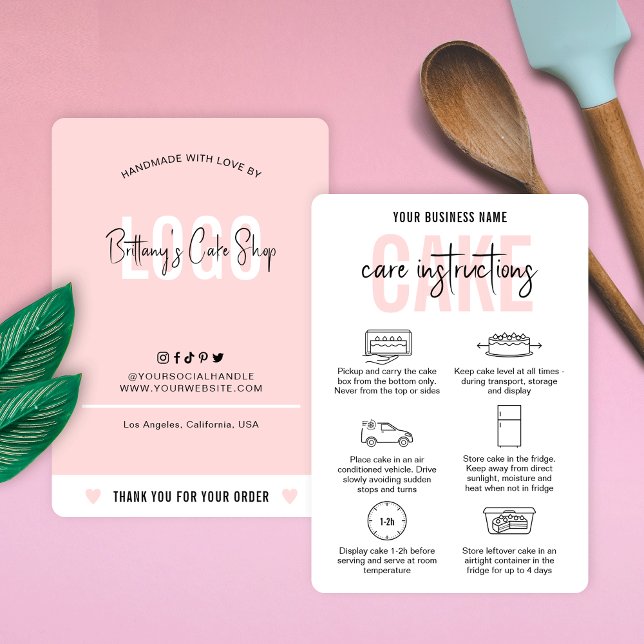Cake Care Instructions Modern Blush Pink Bakery Business Card (Feminine pink and white cake care instructions cards with icons and space for your logo)