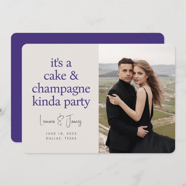 Cake Champagne Fun Typography Purple Wedding Save The Date (Front/Back)