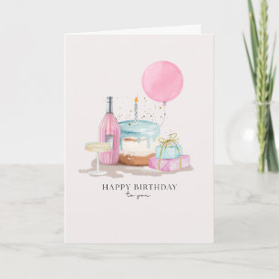 Cake, champagne & presents happy Birthday Card