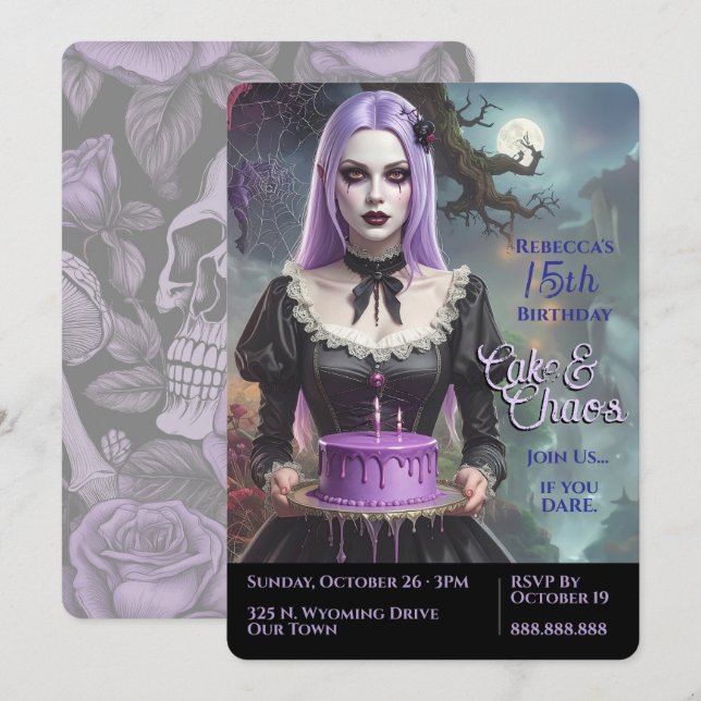 Cake & Chaos, Purple Goth Teen Girl Birthday Invitation (Front/Back)
