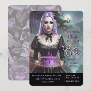 Cake & Chaos, Purple Goth Teen Girl Birthday Invitation