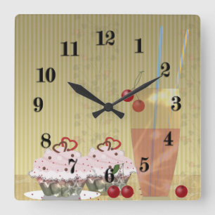 Cake cocktail sweet desserts cherry retro vintage square wall clock