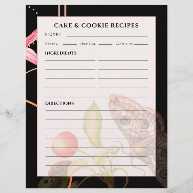 Cake & Cookie Recipe | Black Botanical Butterfly (Front)