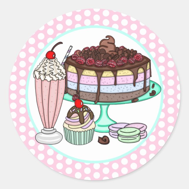 Cake, Cupcake, Milkshake and Macaroons  Classic Round Sticker (Front)