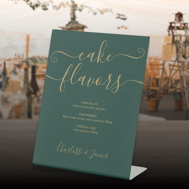Cake Flavours Emerald Green And Gold Script Pedestal Sign (Cake Flavors Emerald Green And Gold Script Pedestal Sign)