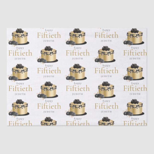 Cake Floral Gold Black 50th Name Happy Birthday  Tissue Paper (Front)