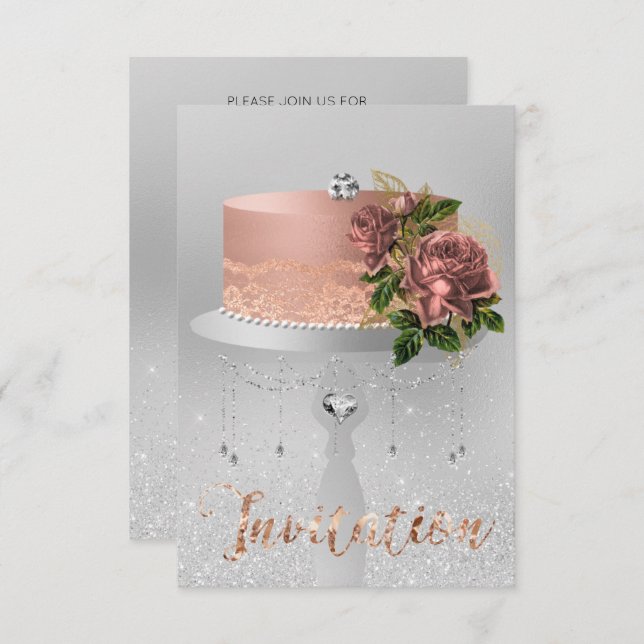 Cake Flower Rose Gold Crystals Silver Gray Glitter Invitation (Front/Back)