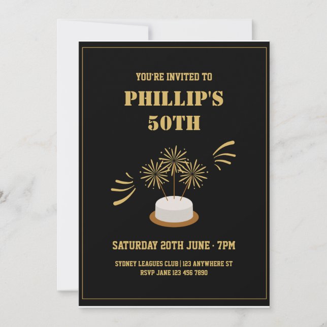 Cake Gold & black 50th birthday Party Invitation (Front)