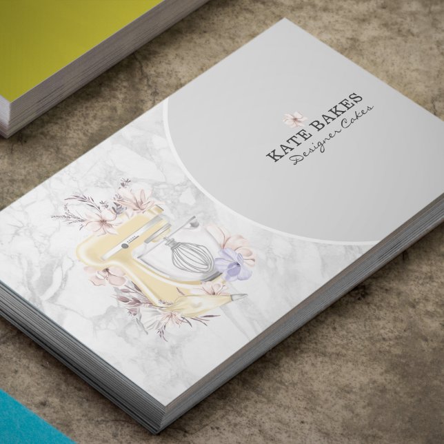 Cake Mixer Bakery Floral Marble Gray Business Card (Creator Uploaded)