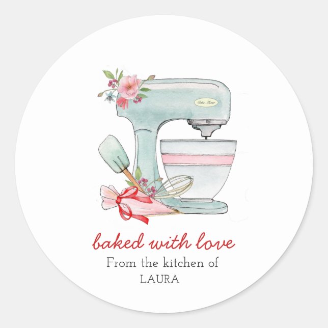 Cake mixer & piping bag "Baked with love"  Classic Round Sticker (Front)