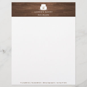 Cake Monogram Logo in White on Brown Woodgrain Letterhead Template